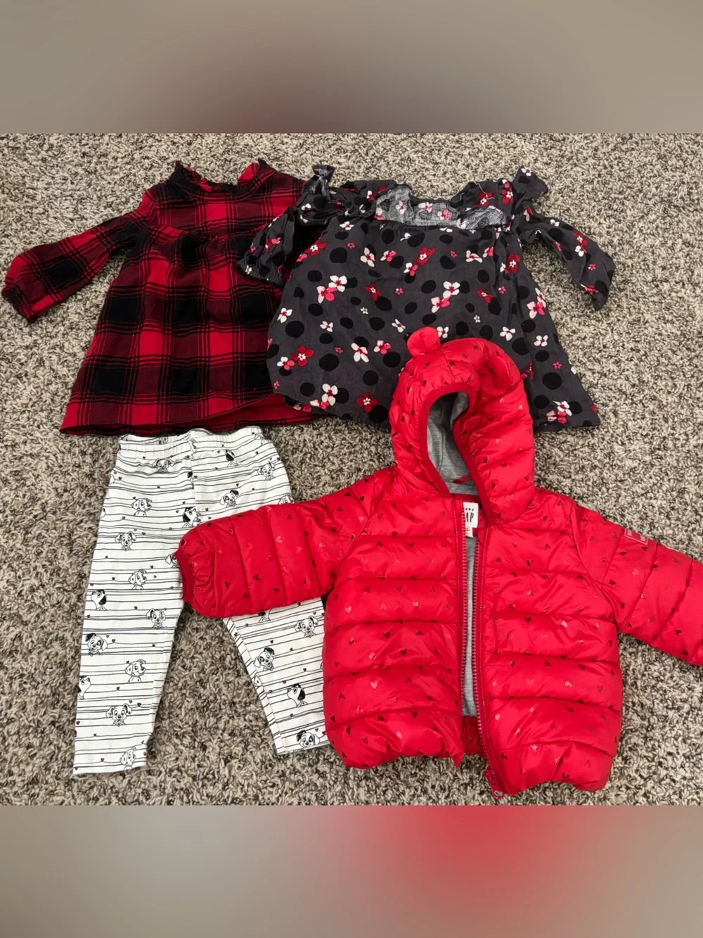 Red Heart Puffer Jacket + baby Girls Outfit Set - Red, Black, White